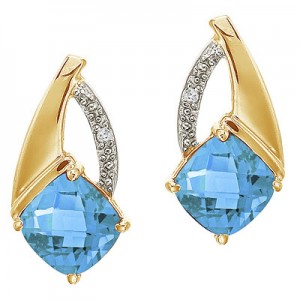 14K Yellow Gold Blue Topaz and Diamond Earrings