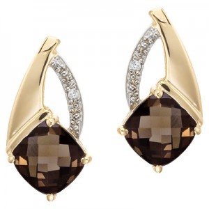 14K Yellow Gold Smoky Topaz and Diamond Earrings