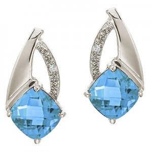 14K White Gold Blue Topaz and Diamond Earrings