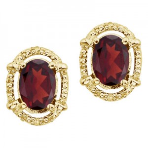 14K Yellow Gold Oval Garnet and Diamond Earrings