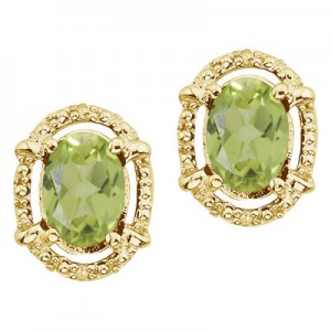 14K Yellow Gold Oval Peridot and Diamond Earrings