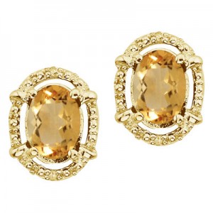 14K Yellow Gold Oval Citrine and Diamond Earrings