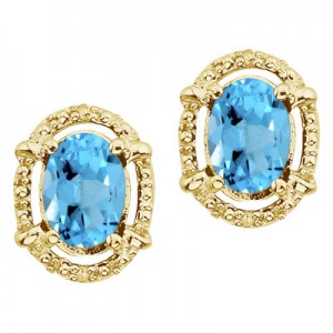 14K Yellow Gold Oval Blue Topaz and Diamond Earrings