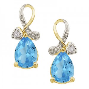 14K Yellow Gold Pear Blue Topaz and Diamond Earrings