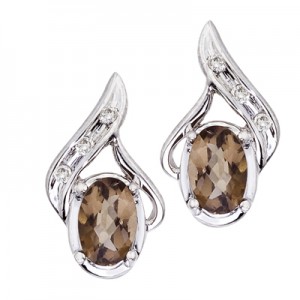 14K White Gold Oval Smoky Topaz and Diamond Earrings