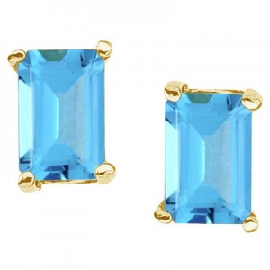 14K Yellow Gold Emerald Cut Blue Topaz Earrings