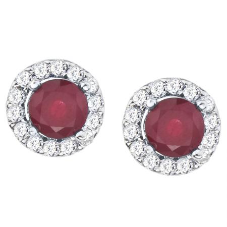 14K White Gold Precious 5 mm Round Ruby and Diamond Halo Earrings