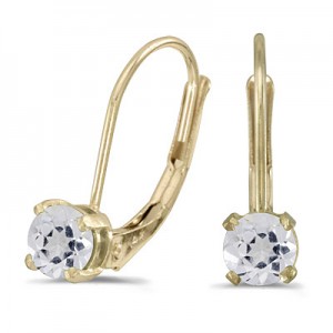 14k Yellow Gold Round White Topaz Lever-back Earrings