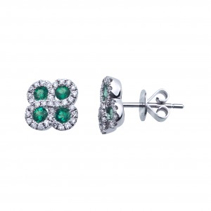 14K White Gold .60 Ct Precious Round Emerald and Diamond Clover Post Earrings