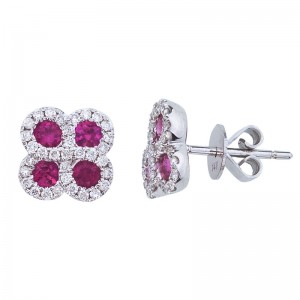 14K White Gold .60 Ct Precious Round Ruby and Diamond Clover Post Earrings