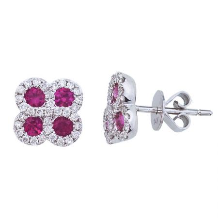 14K White Gold .60 Ct Precious Round Ruby and Diamond Clover Post Earrings