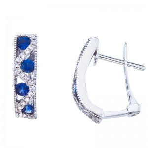 14K White Gold Precious 2 mm Round Sapphire and Diamond Zig Zag Fashion Euro Bac