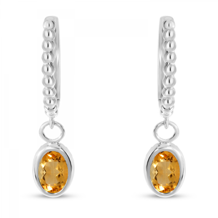 14K White Gold Oval Citrine Dangle Textured Huggie Earrings