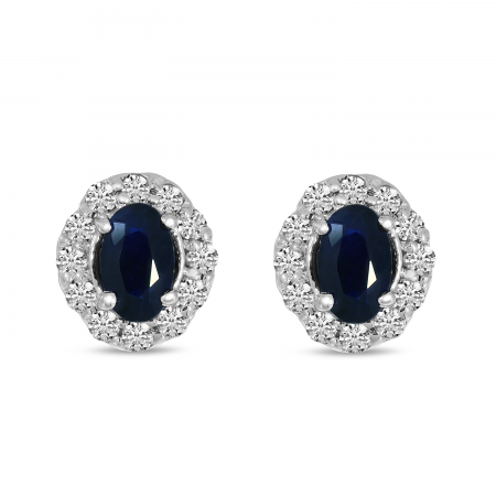 14K White Gold Diamond Halo & Oval Sapphire Earrings