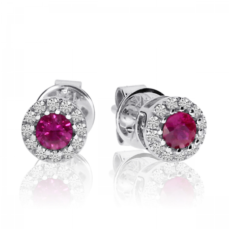 14k White Gold Precious Ruby and Diamond Round Earrings