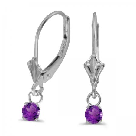 14K White Gold 4mm Round Amethyst Lever Back Dangle Semi Precious Birthstone Ear