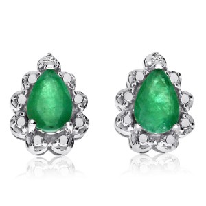 14K White Gold Precious 6x4 Pear Shape Emerald and Diamond Earrings