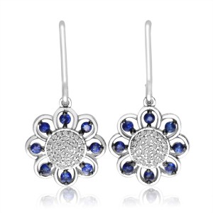 14K White Gold Precious Sapphire and Diamonds Dangle Sunflower Fashion Earrings