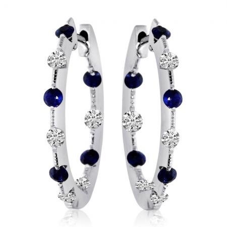 14K White Gold Precious Sapphire and Diamond Tension Set Hoop Earrings