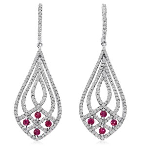 14K White Gold Precious Ruby and 1.3 Ct Diamond Fashion Drop Earrings