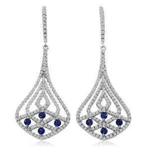 14K White Gold Precious Sapphire and 1.09 Ct Diamond Bell Drop Fashion Earrings