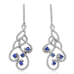14K White Gold Precious Sapphire and .90 Ct Diamond Swirl Drop Fashion Earrings
