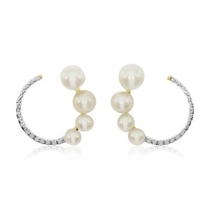 14K Yellow Gold Ascending Pearl and Diamond fashion Earrings