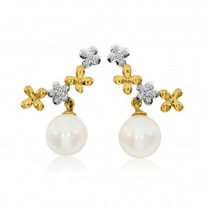 14K Yellow Gold 7mm Pearl and Diamond Fashion Stud Earrings