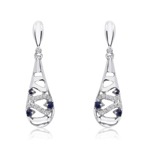 14K White Gold Sapphire and Single Cut Diamond  Beehive Precious Fashion Earring