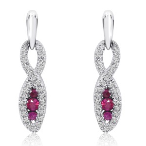 14k White Gold Precious Ruby and Single Cut Diamond Crossover Earrings