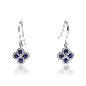 14K White Gold Precious Sapphire and Diamond Clover Drop Earrings on Kidney Wire