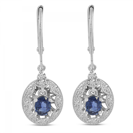 14K White Gold 5x4 mm Oval Sapphire Filigree Cage Dangle Leverback Earrings