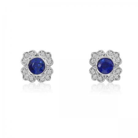 14K White Gold Round Sapphire and Diamond Filigree Precious Earrings