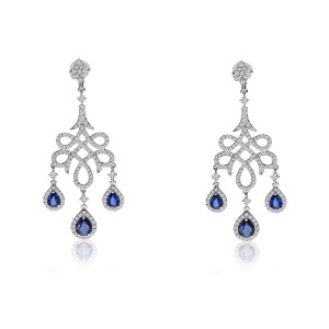 14K White Gold Pear Sapphire and Diamond Precious Chandelier Earrings