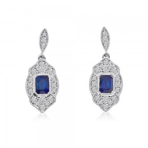 14K White Gold Emerald Cut Sapphire and Diamond Filigree Precious Earrings