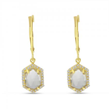 14K Yellow Gold White Topaz Hexagon Earrings