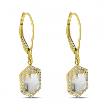 14K Yellow Gold Hexagon White Topaz and Diamond Semi Precious Leverback Earrings