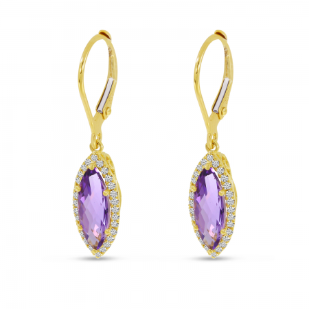 14K Yellow Gold Amethyst Marquis Diamond Halo Leverback Earrings