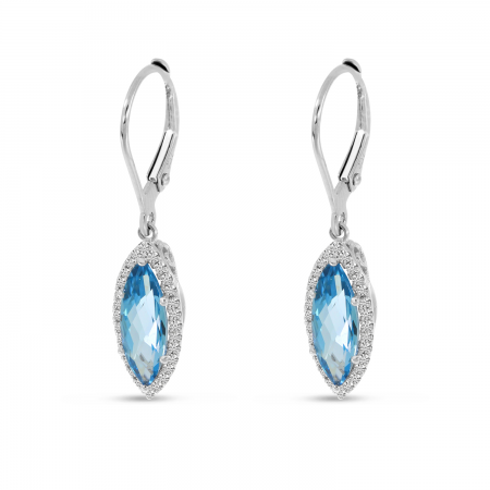 14K White Gold Blue Topaz Marquis Diamond Halo Leverback Earrings