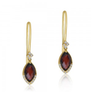 14K Yellow Gold Marquise Garnet and Diamond Semi Precious Hook Earrings