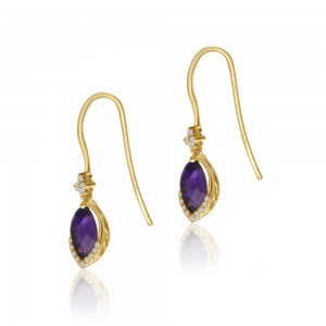 14K Yellow Gold Marquise Amethyst and Diamond Semi Precious Hook Earrings