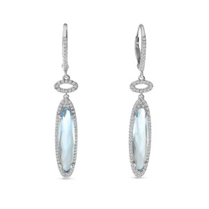 14K White Gold Fancy Long Oval Blue Topaz Semi Precious Dangle Earrings