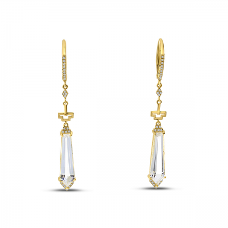 14K Yellow Gold Long Fancy Cut White Topaz Earrings