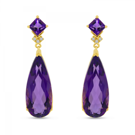 14K Yellow Gold Pear Amethyst and Diamond Semi Precious Dangle Earrings