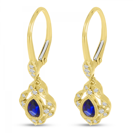 14K Yellow Gold Pear Sapphire and Diamond Millgrain Precious Earrings