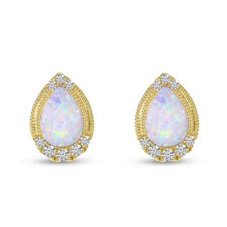 14K Yellow Gold Pear Opal with Diamond Millgrain Semi Precious Earrings