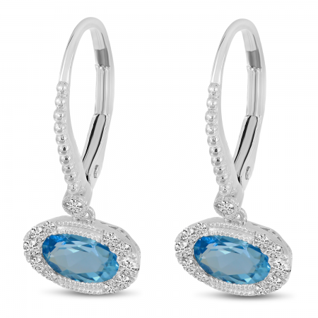 14K White Gold Oval Blue Topaz and Diamond Beaded Earrings