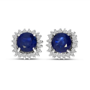 14K White Gold Round Sapphire and Diamond Halo Precious Earrings