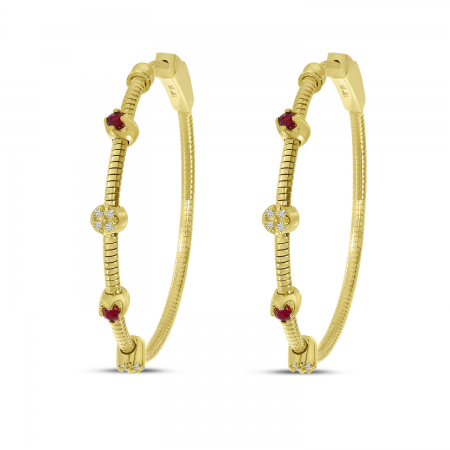 14K Yellow Gold Ruby and Diamond Flexible Hoops