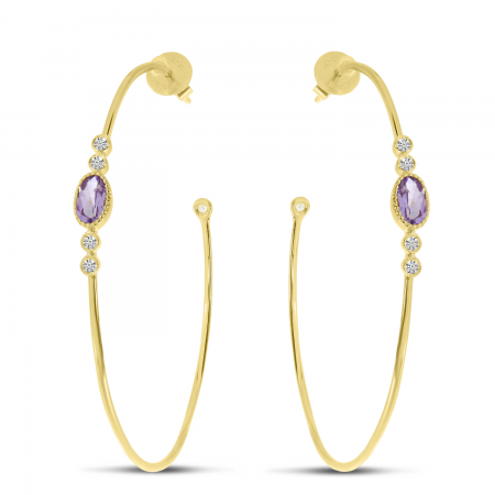 14K Yellow Gold Oval Amethyst Large Wire Hoop Earrings